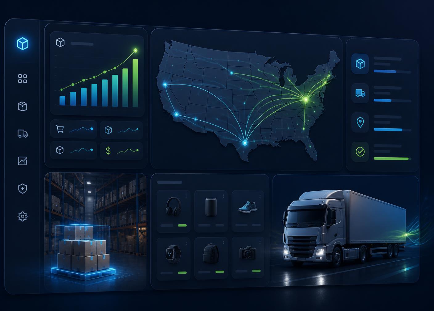 Akash Drop warehouse dashboard showing US shipping routes, live order analytics, and same-day fulfillment